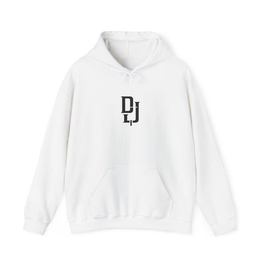 DLJ Monogram Hoodie | Minimal Logo Back Print, White Pullover